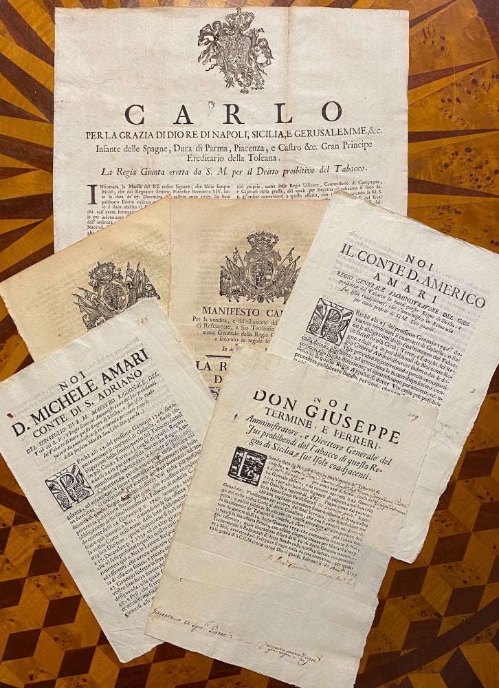 Item #1067 [TOBACCO PROHIBITION, ITALY 1734-1764]. Small collection of Proclamations, together 6 items (1 broadside + 5 bandi). TOBACCO PROHIBITION IN ITALY.