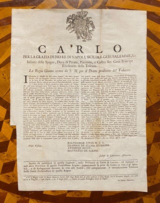 [TOBACCO PROHIBITION, ITALY 1734-1764]. Small collection of Proclamations, together 6 items (1 broadside + 5 bandi)