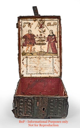 [FRENCH GOTHIC COFFRET CA. 1560 WITH CONTEMPORARY WOODCUT IN SITU]