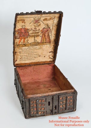 [FRENCH GOTHIC COFFRET CA. 1560 WITH CONTEMPORARY WOODCUT IN SITU]