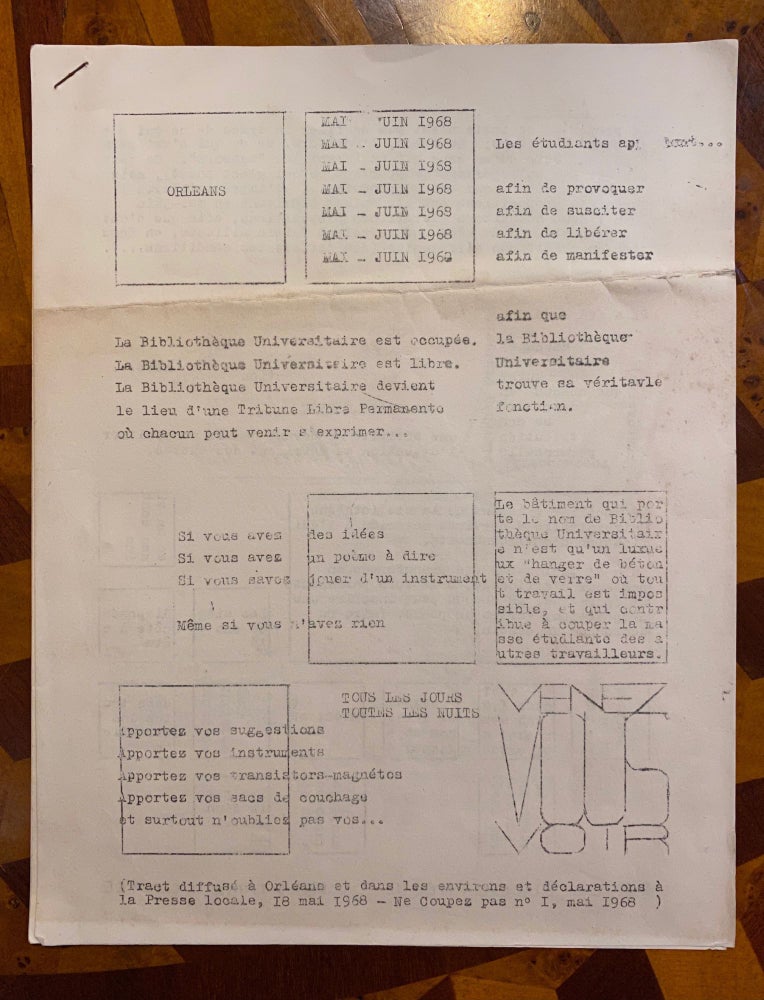 Item #3280 [CONCRETE POETRY / MAI 1968 UPRISING / "META-ART"]. Orleans mai-juin 1968 / La Bibliotheque Universitaire est occupee. Jean-Claude Moineau.