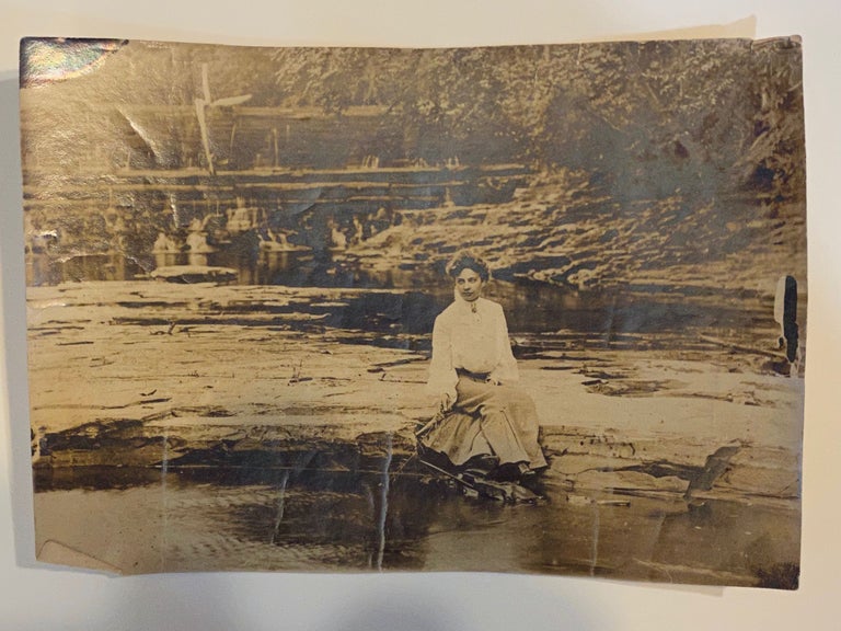 Item #3446 [DREAMY SILVER PRINT PHOTOGRAPH ca. 1910]. Woman seated on a river bank. Silver print photograph.