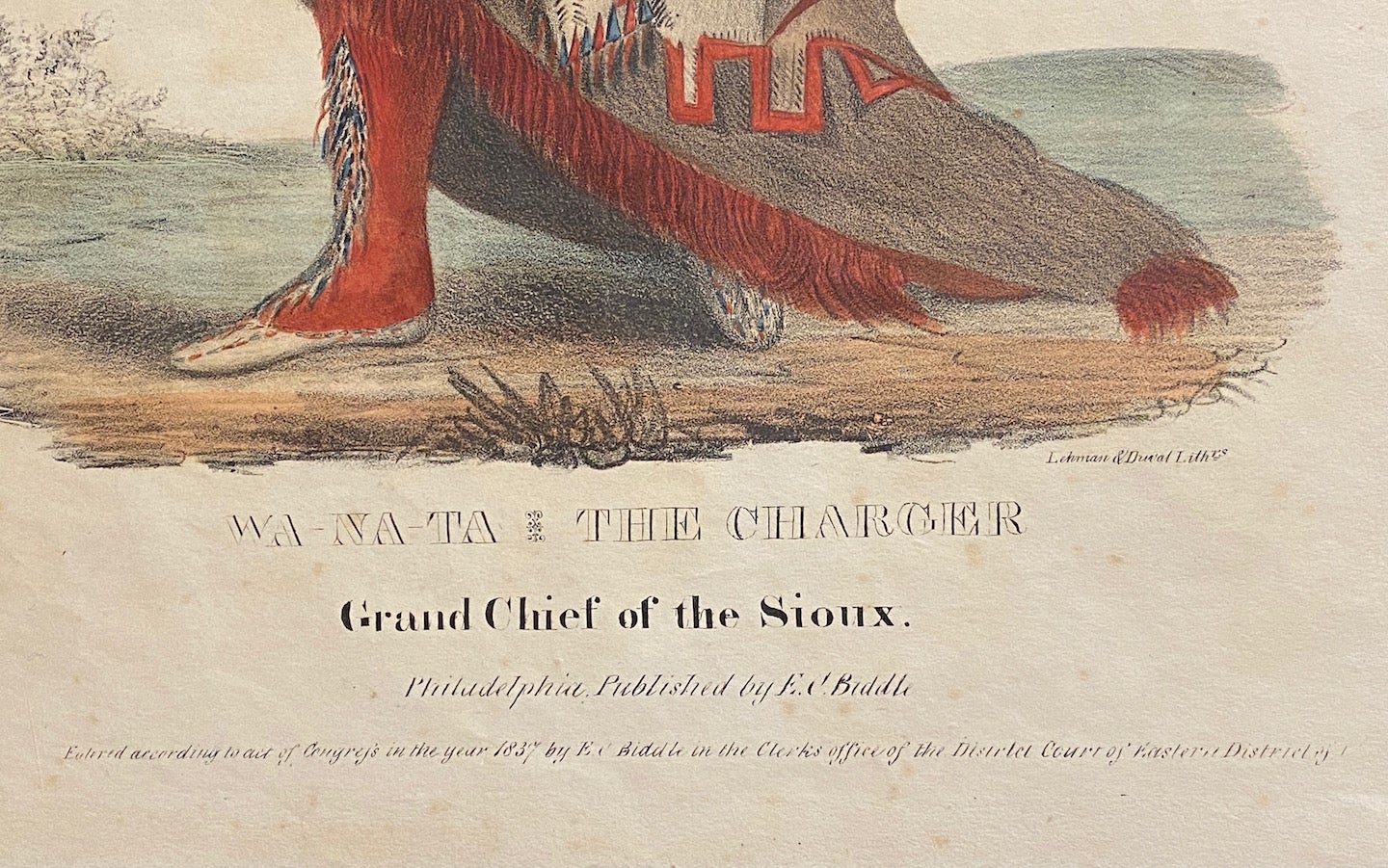 NATIVE AMERICAN PORTRAIT . Wa-Na-Ta. The Charger, Grand Chief of the Sioux.  Hand-colored lithograph from a folio edition of McKenney and Hall’s Indian  