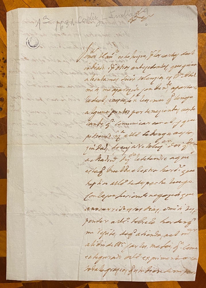 Item #3473 [1691 CADIZ MANUSCRIPT]. Letter Dr. Francisco de Velasco to the Duke of Sessa, presenting Dr. Abel Nesi. Francisco de Velasco.