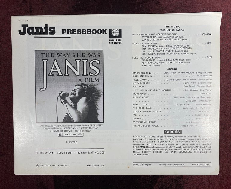 Item #3789 Janis: A Film (PROMOTIONAL MATERIAL for the 1974 Documentary). Janis Joplin.