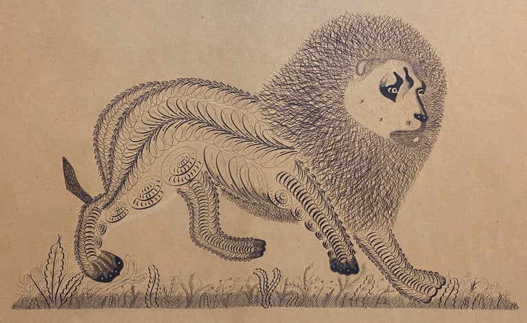 Item #3868 [FOLK ART - WOMAN CALLIGRAPHER]. [Spencerian Calligraphic Pen and Ink Drawing of a Lion]. Sallie E. Hayburn, calligrapher.