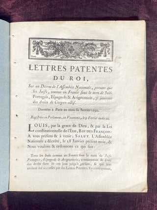 Item #3966 [FIRST JEWISH EMANCIPATION DECREE IN EUROPE - 1790]. Lettres patentes du Roi, sur un...