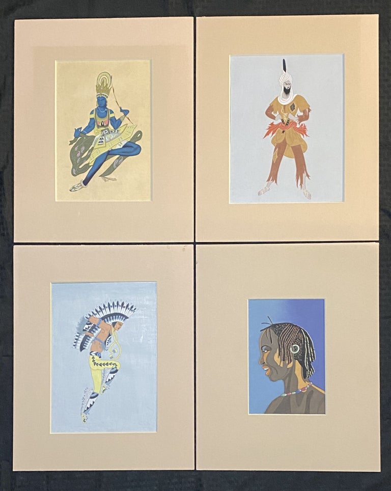Item #3989 [HAND-PAINTED ART-DECO DEPICTIONS OF PEOPLE FROM EXOTIC LANDS IN ORNAMENTAL COSTUMES]. A set of four paintings on paper, matted. Unknown artist.