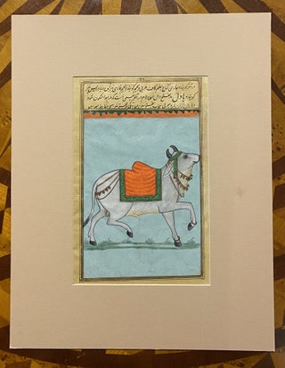 [INDIAN PAINTINGS ON MANUSCRIPT LEAVES: A BULL AND A CAMEL]. A pair of paintings in gold and color, overpainted on a manuscript of a Persian / Urdu dictionary