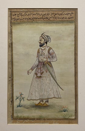 [INDIAN PAINTINGS ON MANUSCRIPT LEAVES: TWO NOBLEMEN BEARING SWORDS]. A pair of paintings in gold and color, overpainted on a manuscript of Ibn Sina's "Book of Healing"