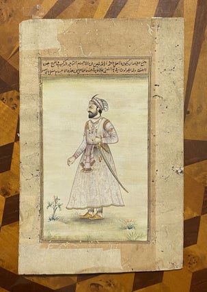 [INDIAN PAINTINGS ON MANUSCRIPT LEAVES: TWO NOBLEMEN BEARING SWORDS]. A pair of paintings in gold and color, overpainted on a manuscript of Ibn Sina's "Book of Healing"