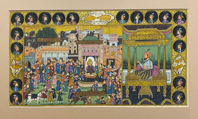 Item #4019 [INDIAN PAINTING: AN IMAGINARY "DYNASTIC" SCENE WITH IMAGINARY WRITING]. Painted in gold and color, overpainted on a partially printed leaf with manuscript annotations. Anonymous Indian Artist.