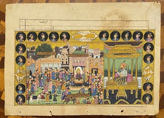[INDIAN PAINTING: AN IMAGINARY "DYNASTIC" SCENE WITH IMAGINARY WRITING]. Painted in gold and color, overpainted on a partially printed leaf with manuscript annotations