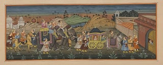 Item #4020 [TWO INDIAN PAINTINGS OF PROCESSIONAL SCENES AT TWILIGHT]. Painted in color and...