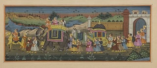 [TWO INDIAN PAINTINGS OF PROCESSIONAL SCENES AT TWILIGHT]. Painted in color and heightened in gold