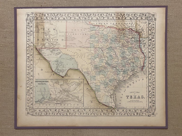 Item #4022 [ORIGINAL 1867 COUNTY MAP OF TEXAS]. County Map of Texas [inset: Galveston Bay and Vicinity]. Augustus Mitchell, cartographer and publisher.