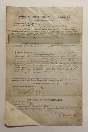 Item #4156 [INSANITY]. Form of Certificate of Insanity. New York State Commission of Lunacy